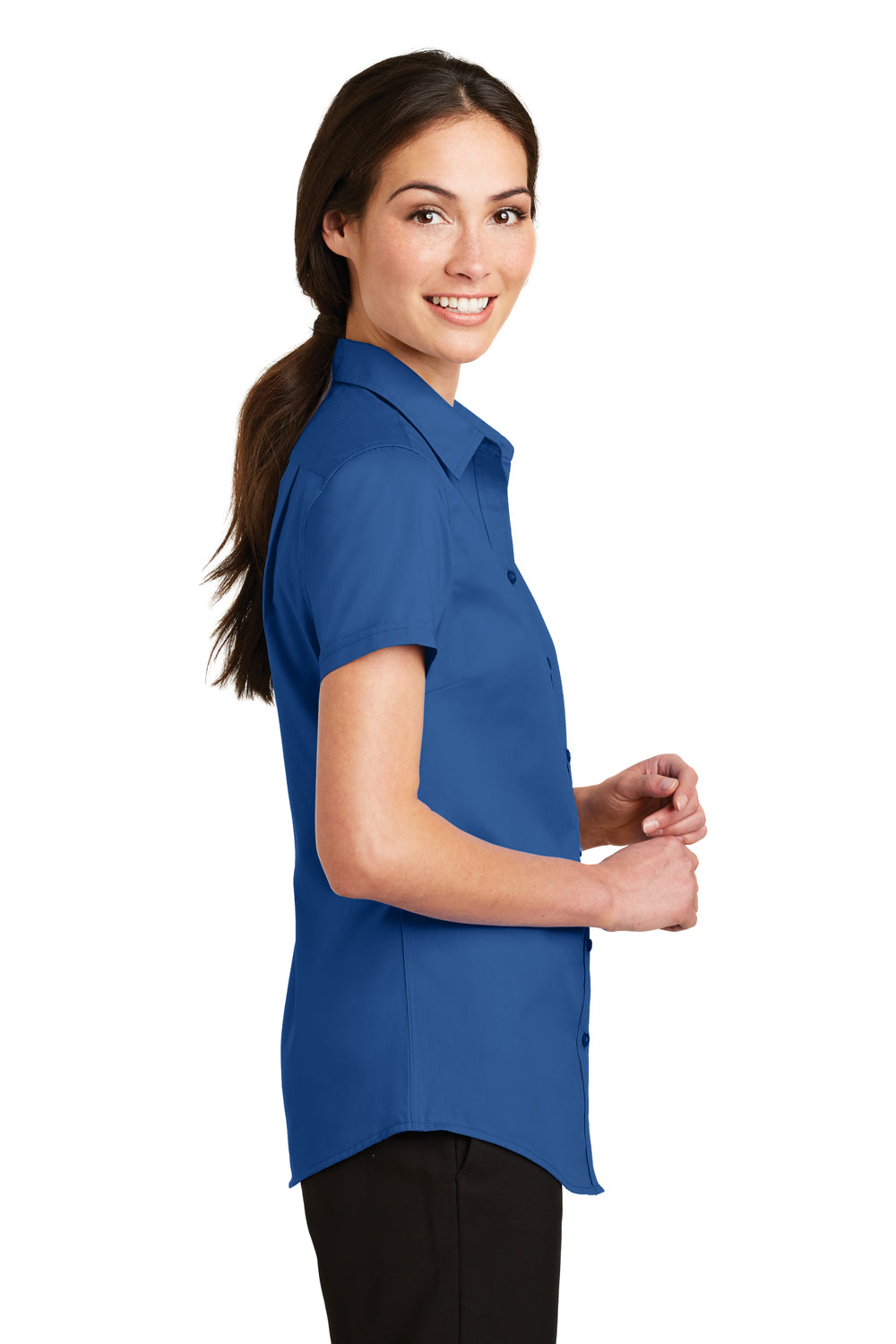 Port Authority L664 Womens SuperPro Wrinkle Resistant Short Sleeve Button Down Shirt True Blue Model Side