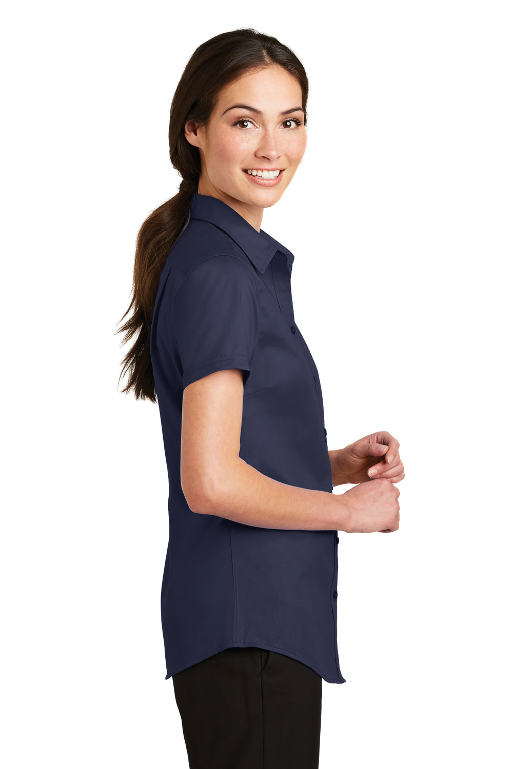 Port Authority L664 Womens SuperPro Wrinkle Resistant Short Sleeve Button Down Shirt True Navy Blue Model Side