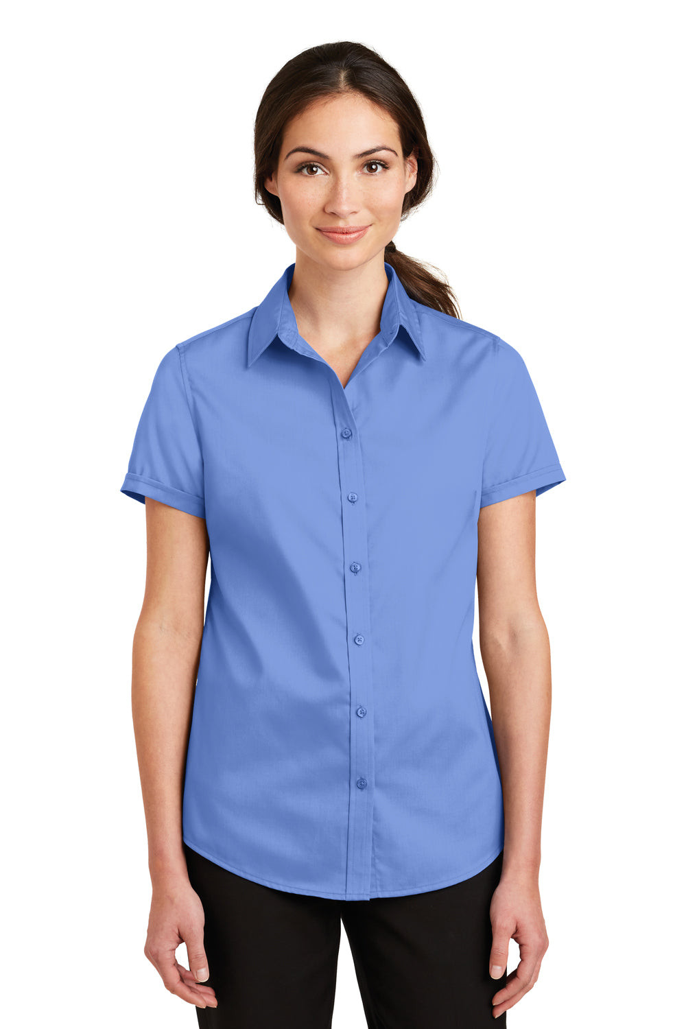 Port Authority L664 Womens SuperPro Wrinkle Resistant Short Sleeve Button Down Shirt Ultramarine Blue Model Front