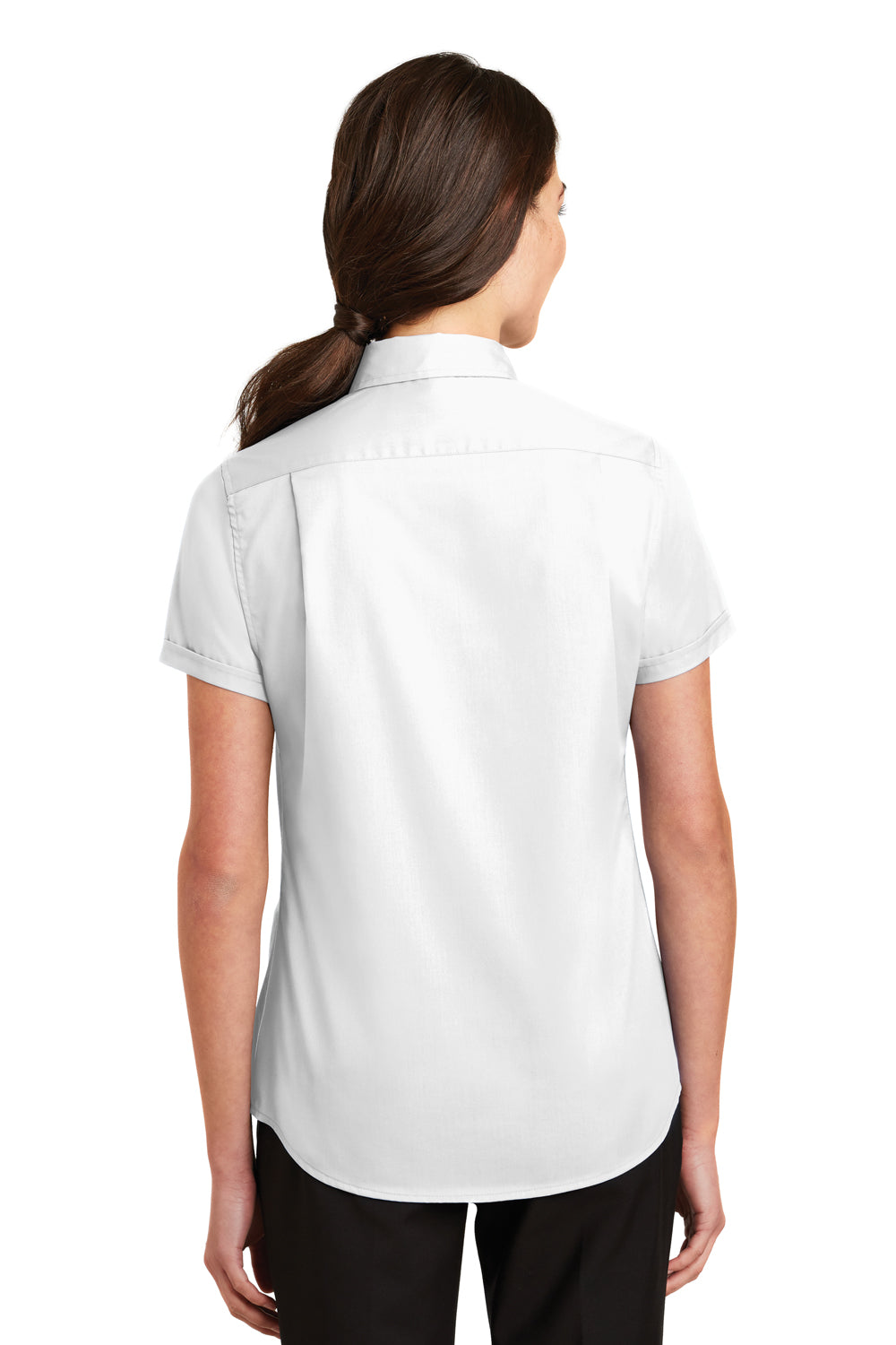 Port Authority L664 Womens SuperPro Wrinkle Resistant Short Sleeve Button Down Shirt White Model Back