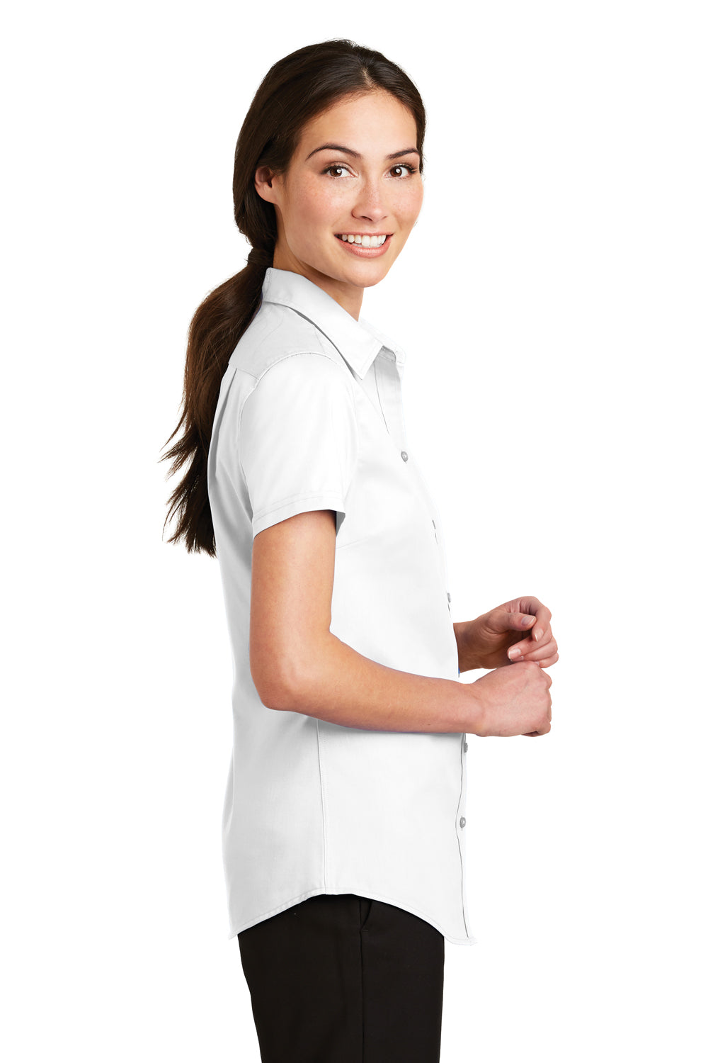 Port Authority L664 Womens SuperPro Wrinkle Resistant Short Sleeve Button Down Shirt White Model Side