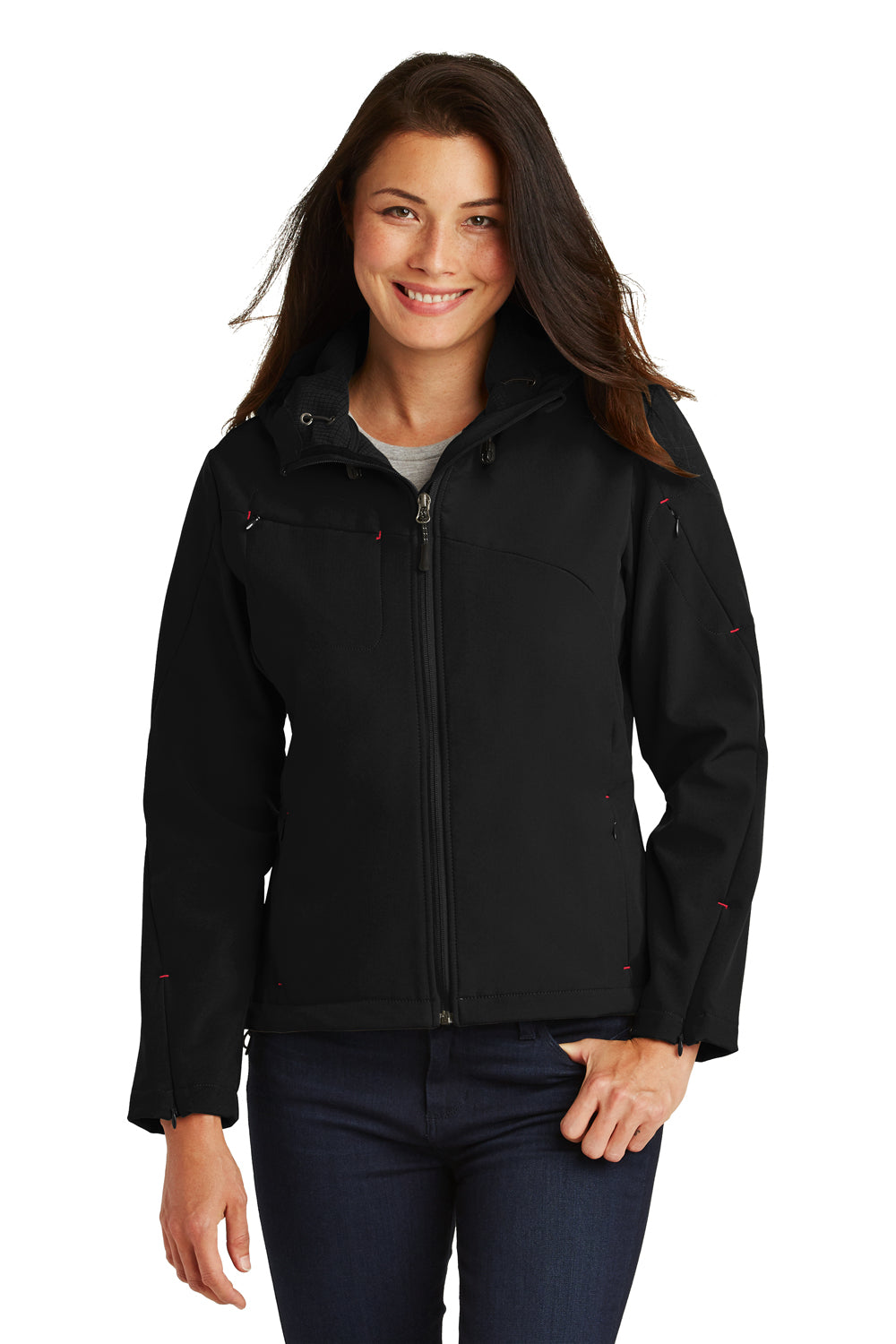 Port Authority L706 Womens Wind & Water Resistant Full Zip Hooded Jacket Black/Engine Red Model Front