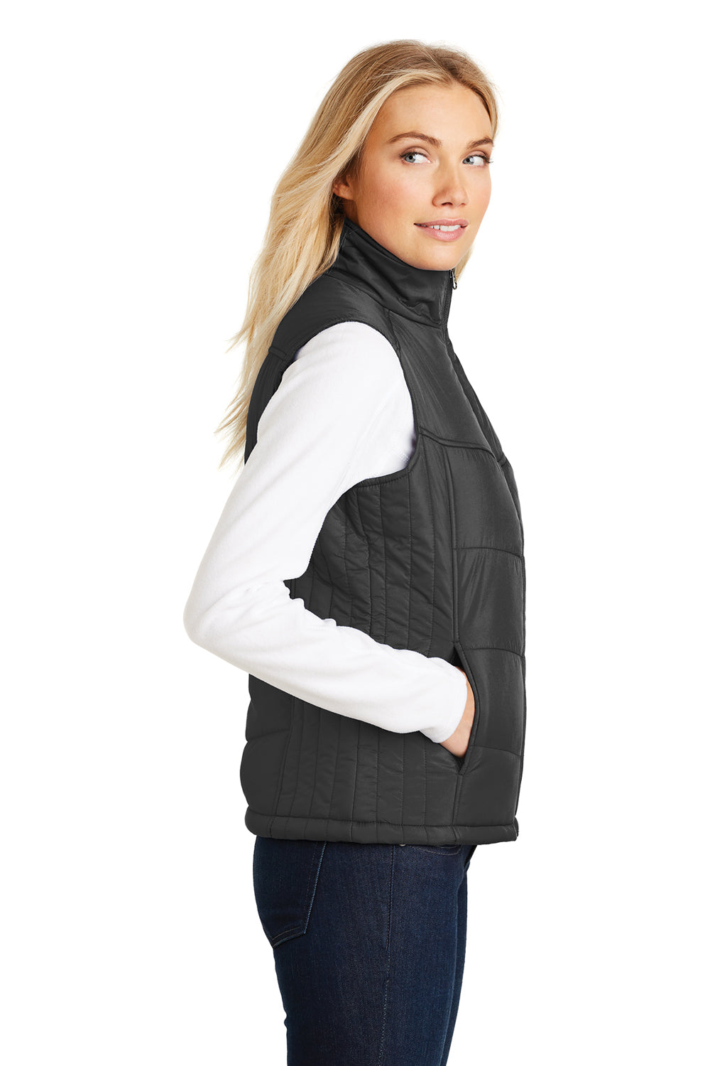 Port Authority L709 Womens Wind & Water Resistant Full Zip Puffy Vest Black Model Side