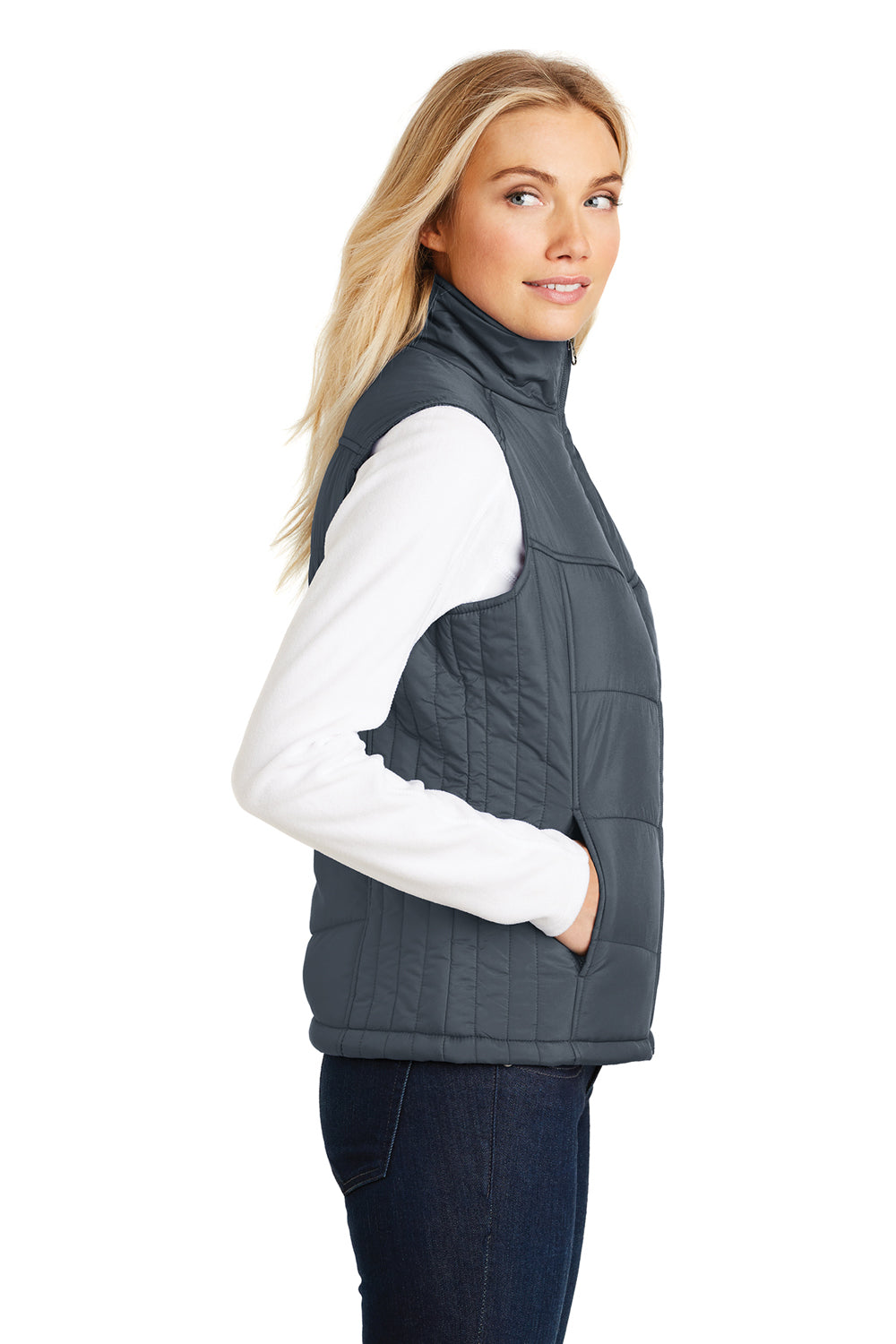 Port Authority L709 Womens Wind & Water Resistant Full Zip Puffy Vest Dark Slate Grey Model Side