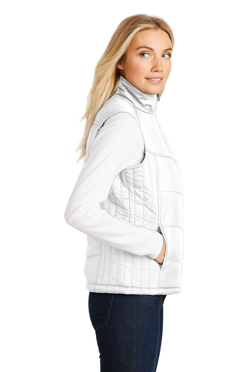 Port Authority L709 Womens Wind & Water Resistant Full Zip Puffy Vest White Model Side