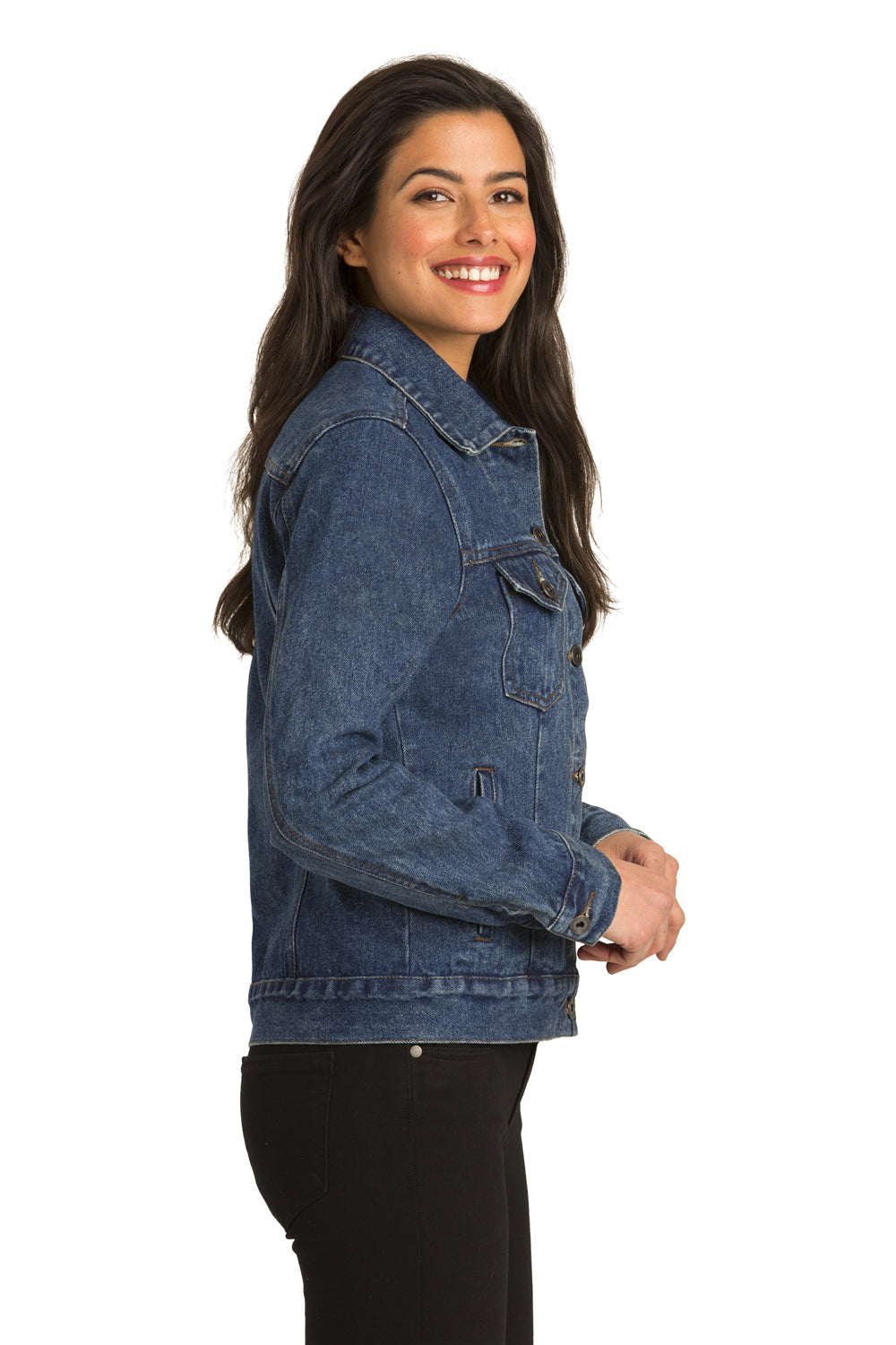 Port Authority L7620 Womens Stonewashed Denim Button Down Jacket Denim Blue Model Side