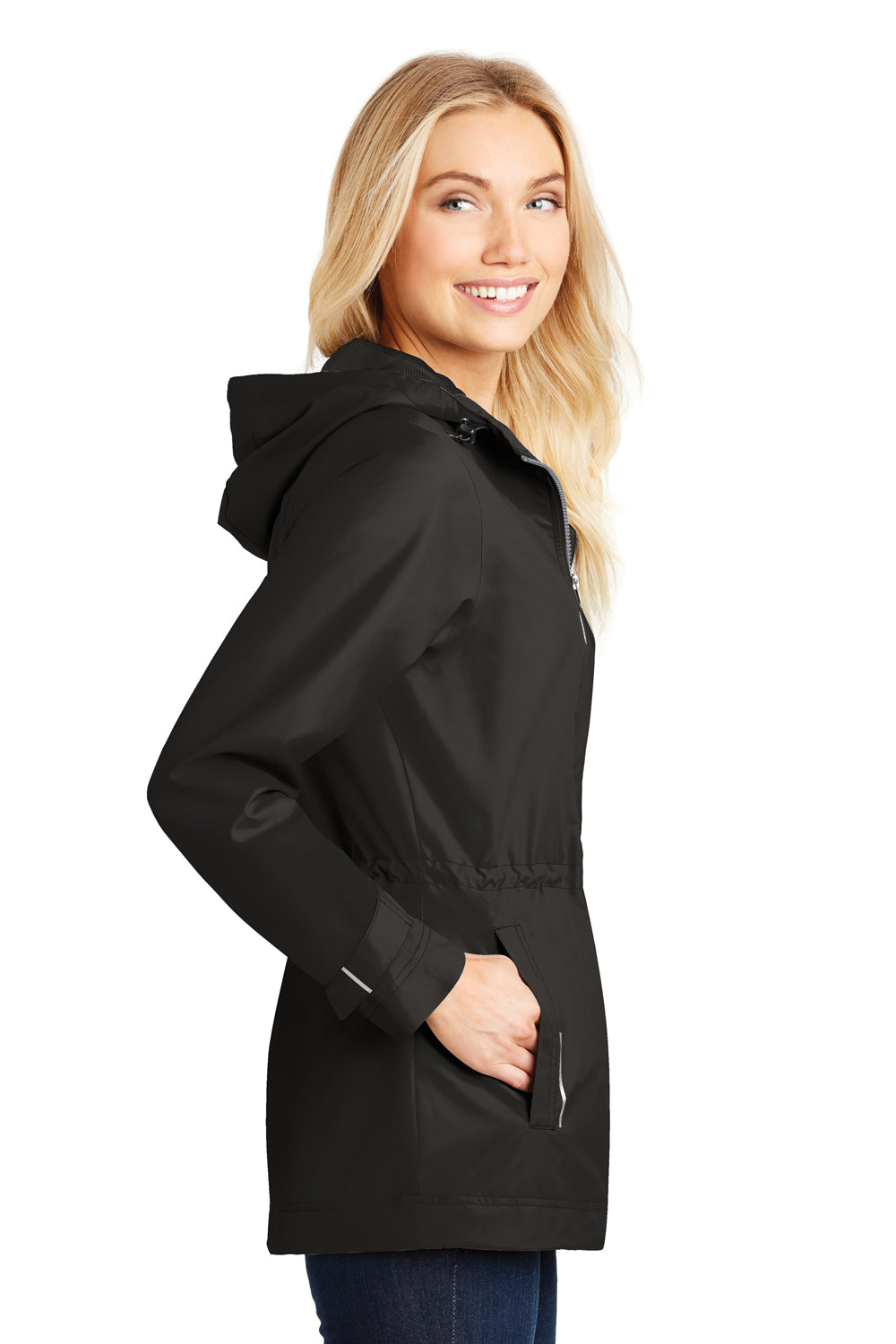 Port Authority L7710 Womens Northwest Slicker Waterproof Full Zip Hooded Jacket Black Model Side