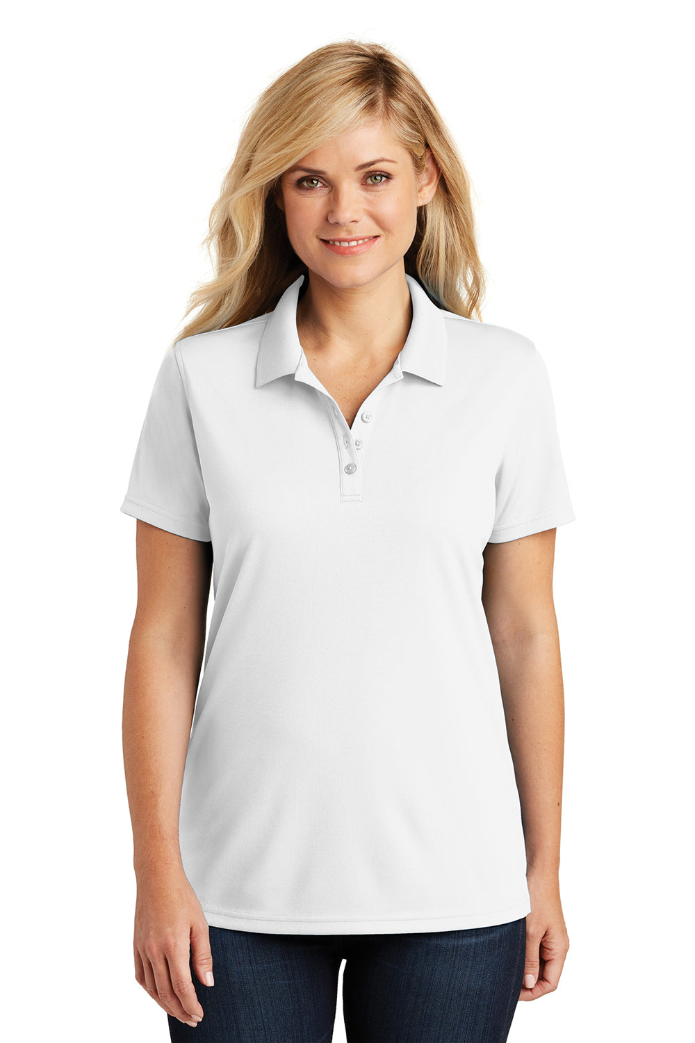 Port Authority LK110 Womens Dry Zone Moisture Wicking Short Sleeve Polo Shirt White Model Front