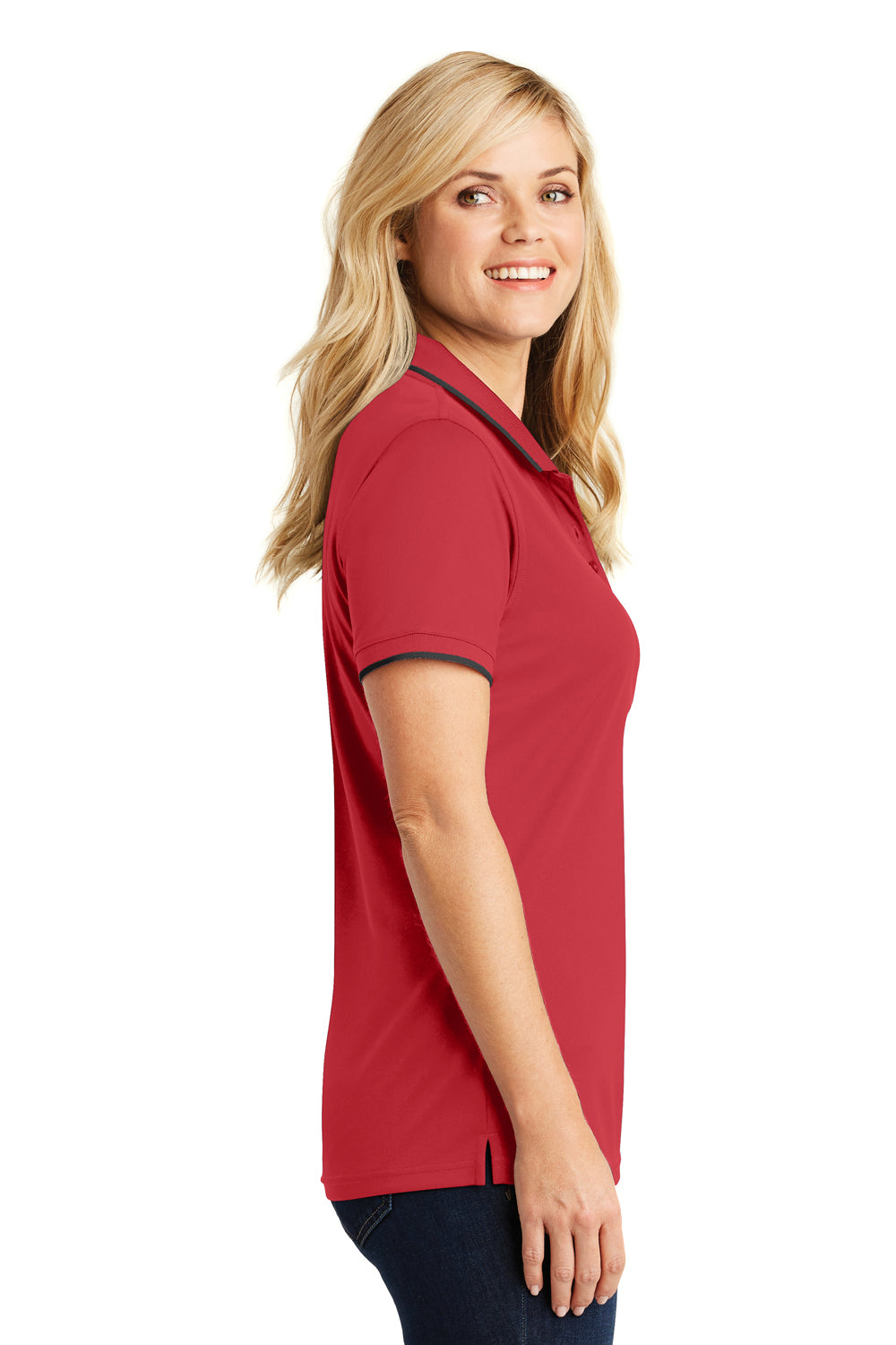 Port Authority LK111 Womens Dry Zone Moisture Wicking Short Sleeve Polo Shirt Rich Red/Deep Black Model Side