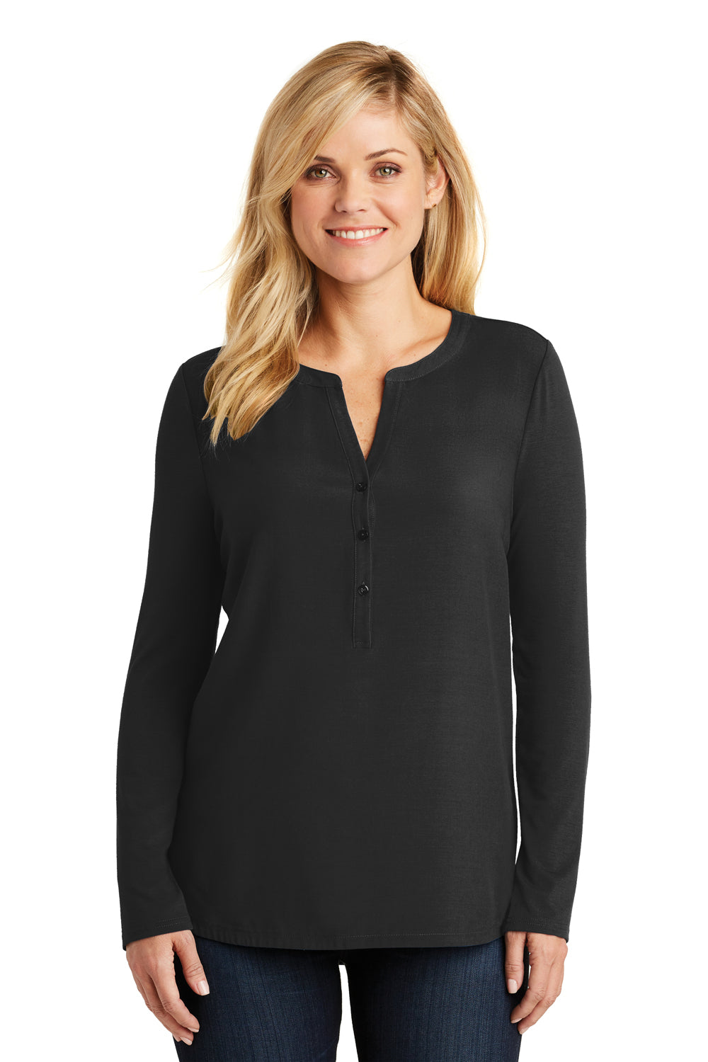 Port Authority LK5432 Womens Concept Jersey Long Sleeve Henley T-Shirt Black Model Front