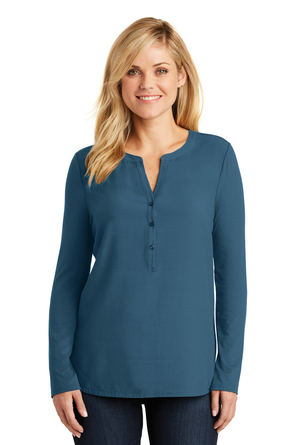 Port Authority LK5432 Womens Concept Jersey Long Sleeve Henley T-Shirt Dusty Blue Model Front