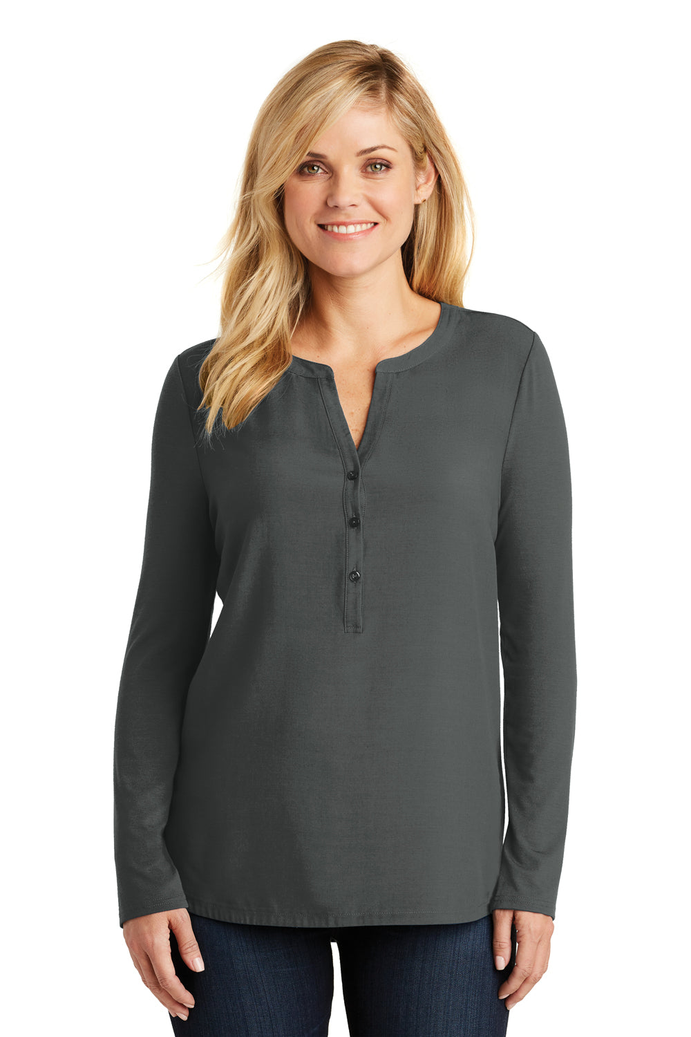 Port Authority LK5432 Womens Concept Jersey Long Sleeve Henley T-Shirt Smoke Grey Model Front