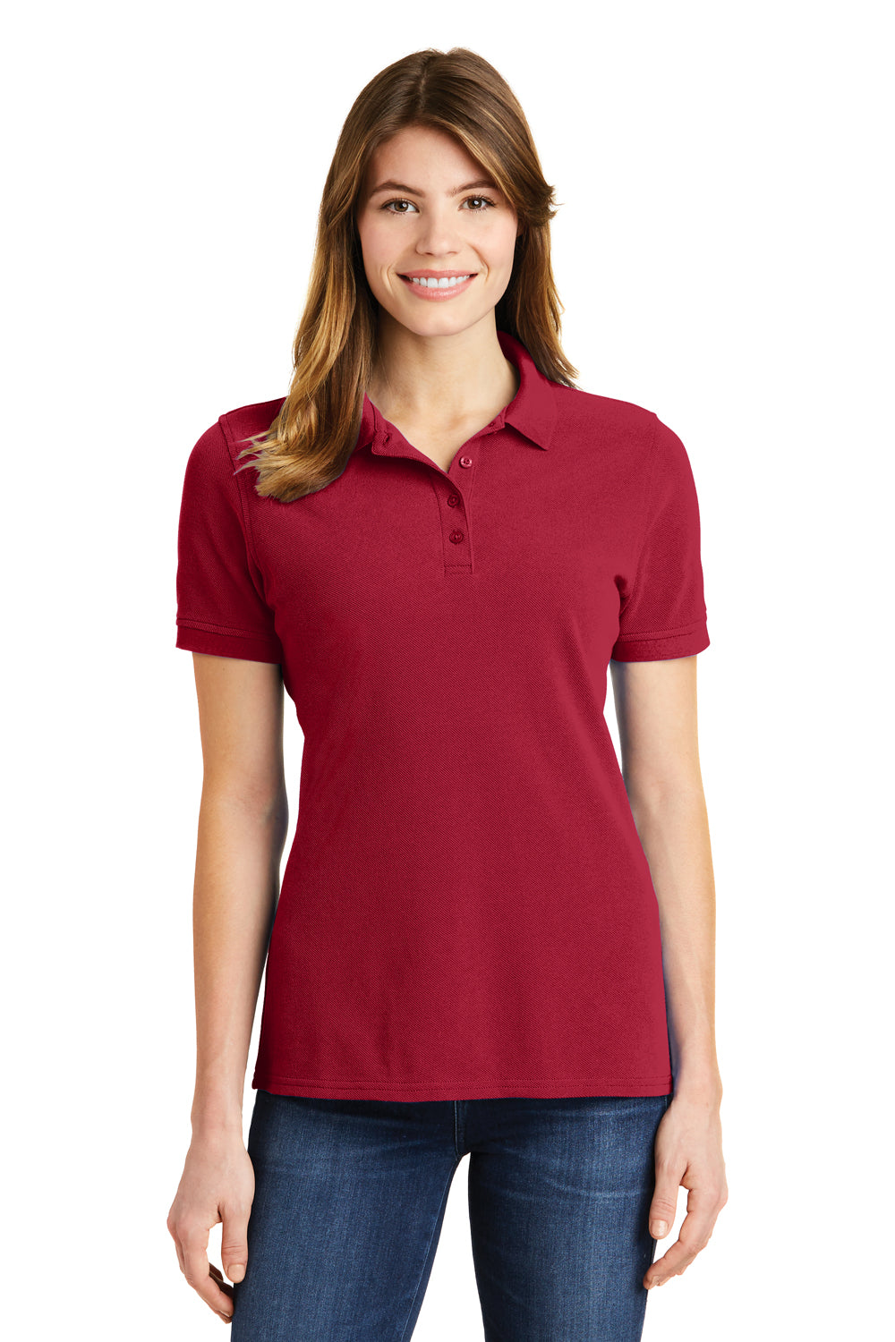 Port & Company LKP1500 Womens Stain Resistant Short Sleeve Polo Shirt Red Model Front