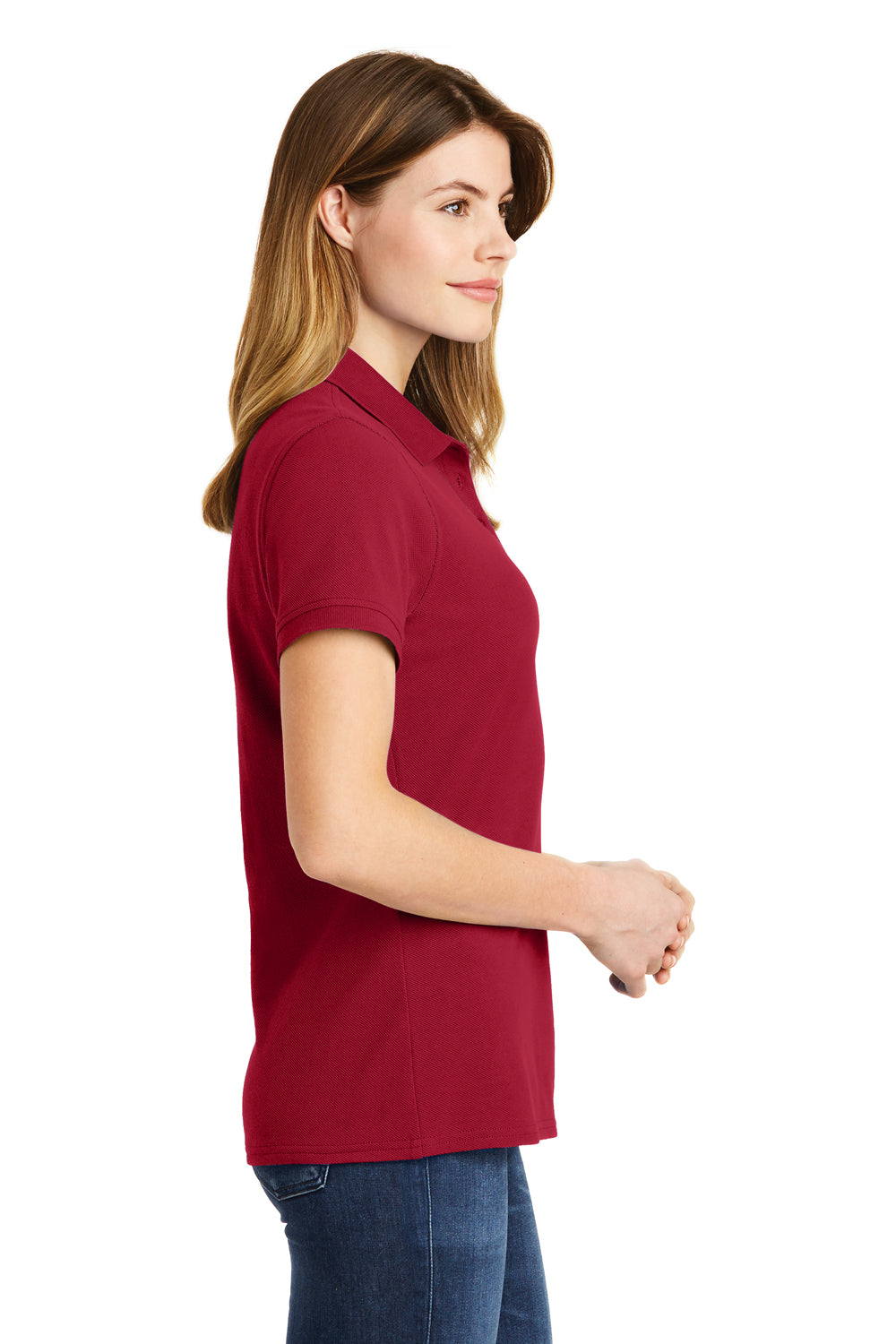 Port & Company LKP1500 Womens Stain Resistant Short Sleeve Polo Shirt Red Model Side