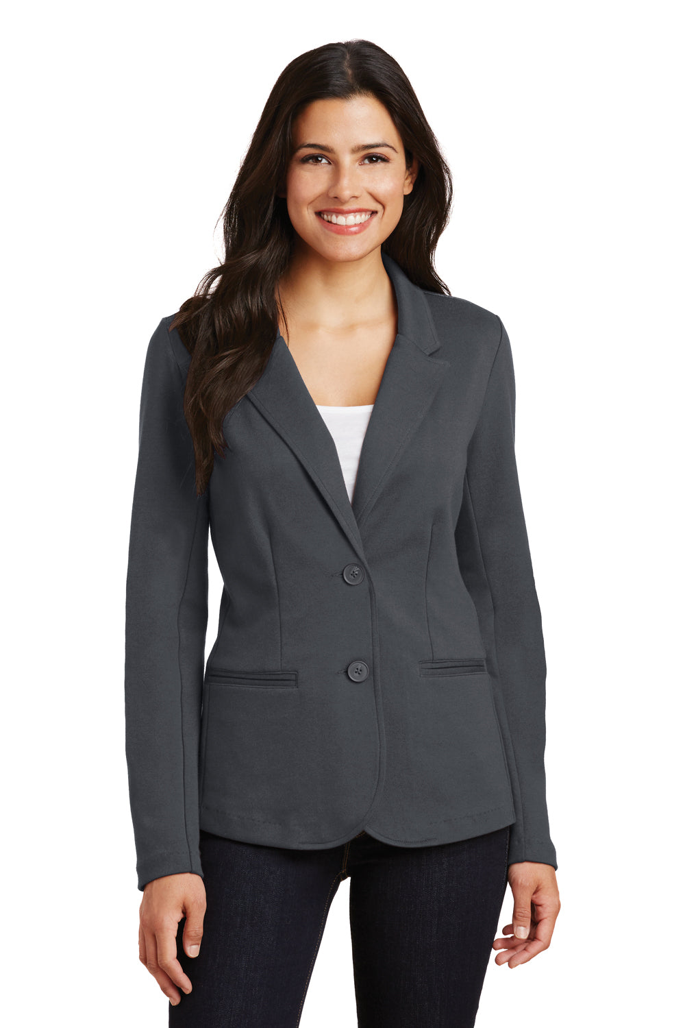 Port Authority LM2000 Womens Knit Button Down Blazer Battleship Grey Model Front