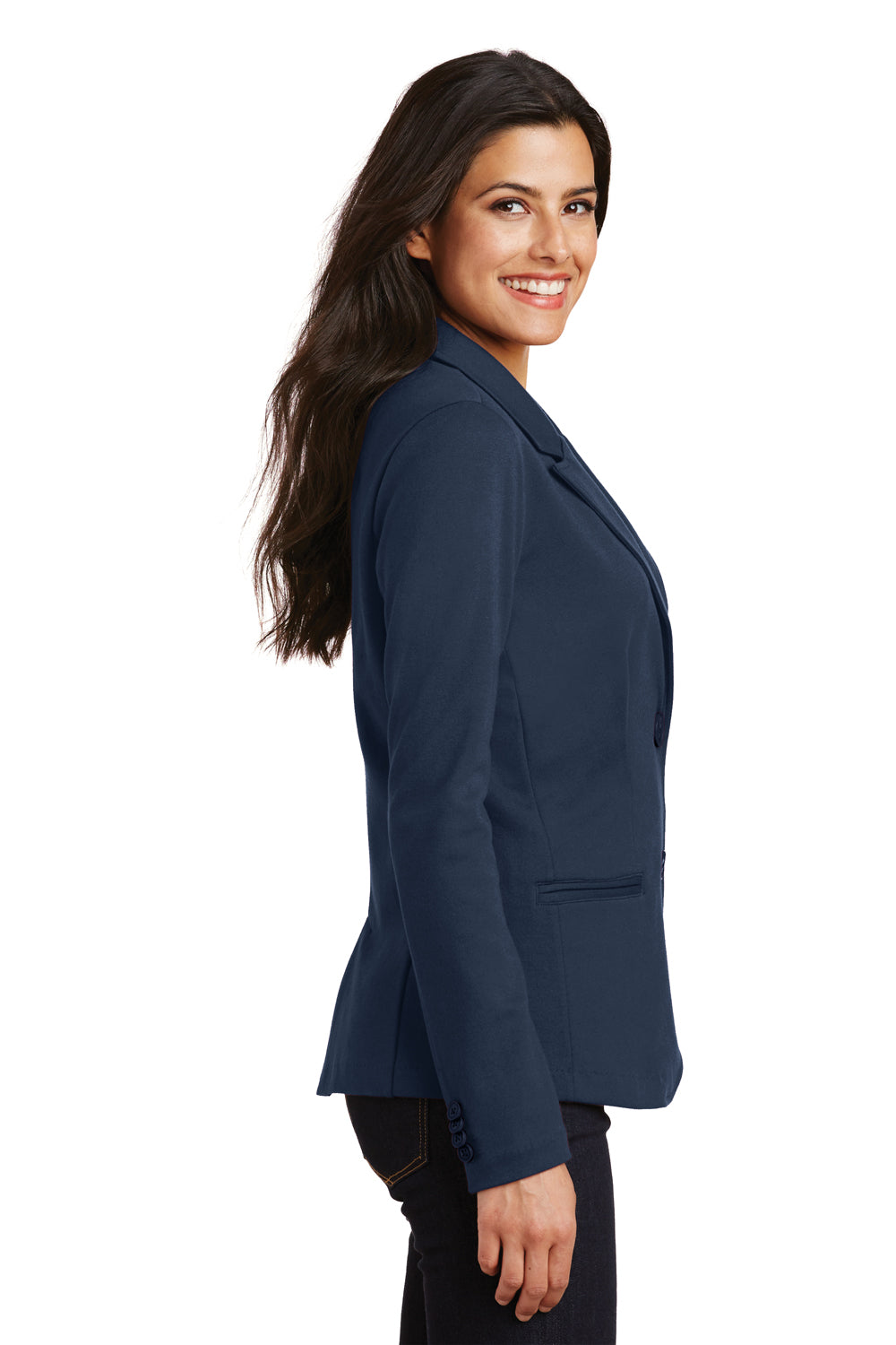 Port Authority LM2000 Womens Knit Button Down Blazer Deep Navy Blue Model Side