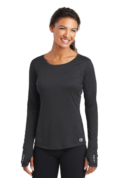 Ogio LOE321 Womens Endurance Pulse Jersey Moisture Wicking Long Sleeve Crewneck T-Shirt Blacktop Model Front