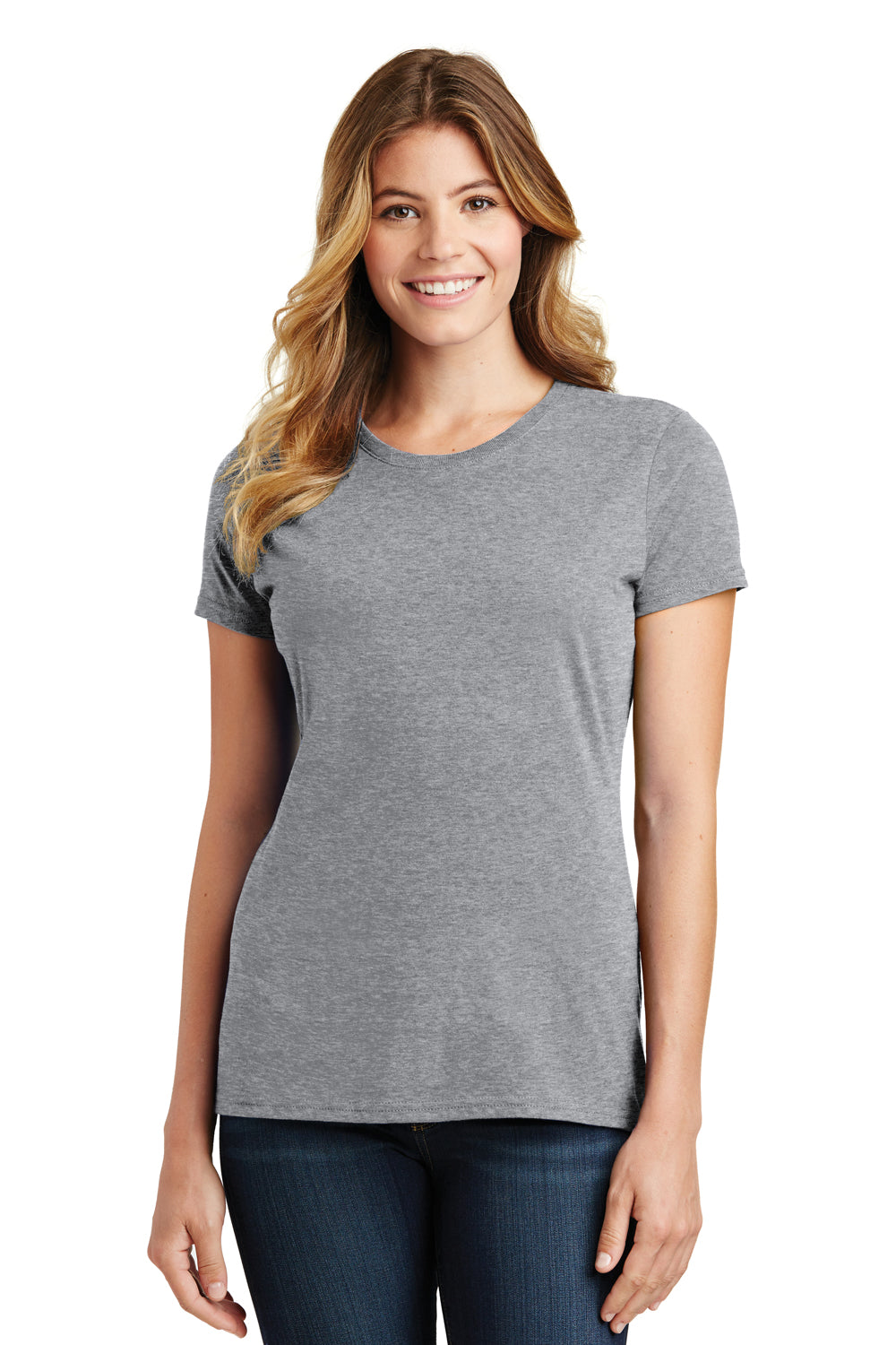 Port & Company LPC450 Womens Fan Favorite Short Sleeve Crewneck T-Shirt Heather Grey Model Front