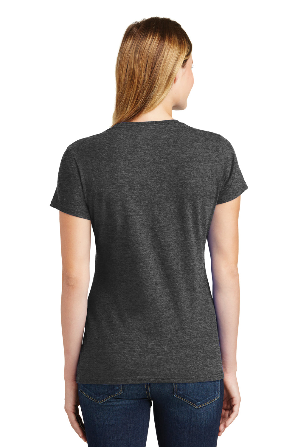 Port & Company LPC450 Womens Fan Favorite Short Sleeve Crewneck T-Shirt Heather Dark Grey Model Back