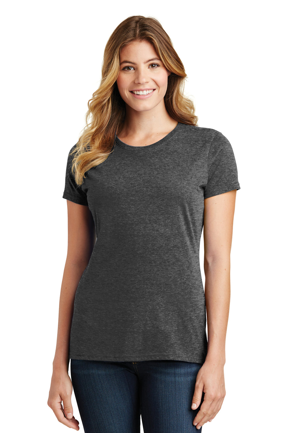 Port & Company LPC450 Womens Fan Favorite Short Sleeve Crewneck T-Shirt Heather Dark Grey Model Front