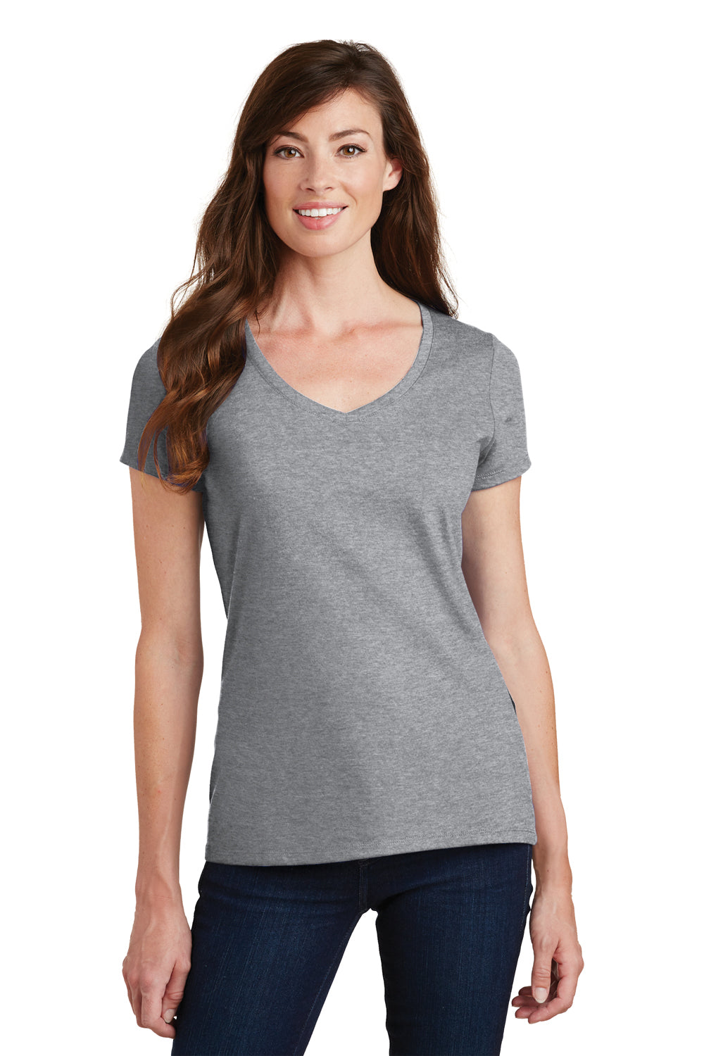 Port & Company LPC450V Womens Fan Favorite Short Sleeve V-Neck T-Shirt Heather Grey Model Front