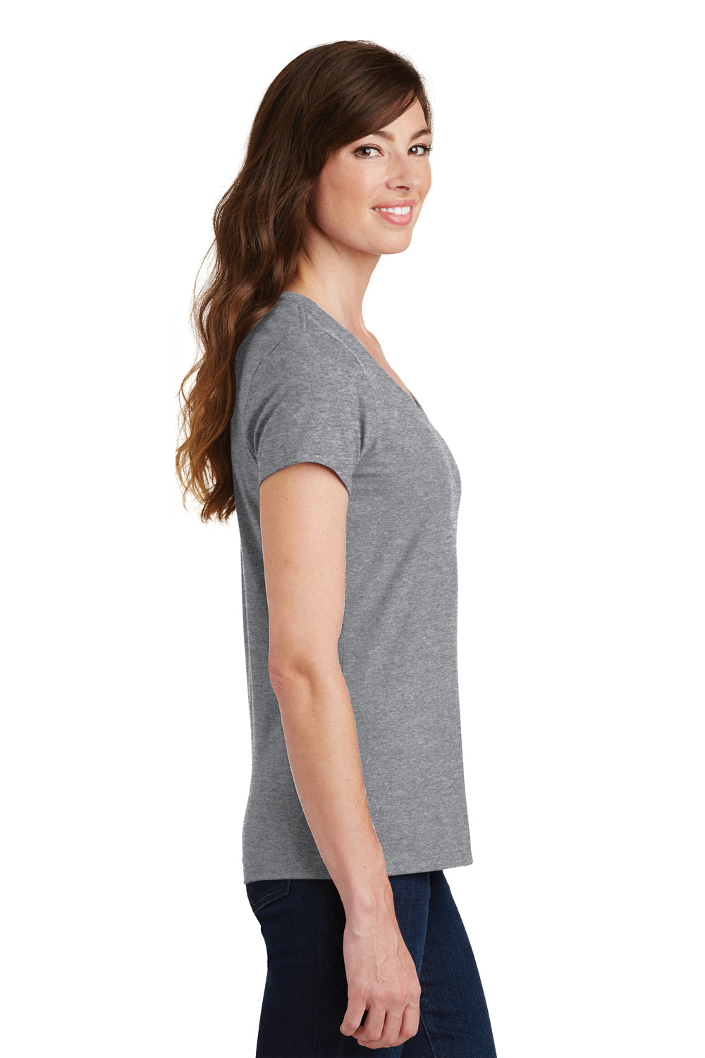 Port & Company LPC450V Womens Fan Favorite Short Sleeve V-Neck T-Shirt Heather Grey Model Side