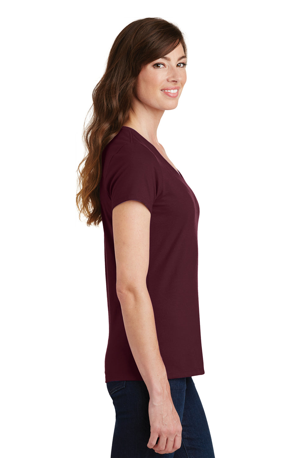 Port & Company LPC450V Womens Fan Favorite Short Sleeve V-Neck T-Shirt Athletic Maroon Model Side