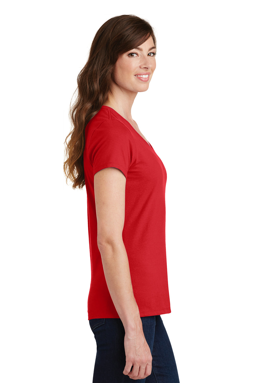 Port & Company LPC450V Womens Fan Favorite Short Sleeve V-Neck T-Shirt Bright Red Model Side