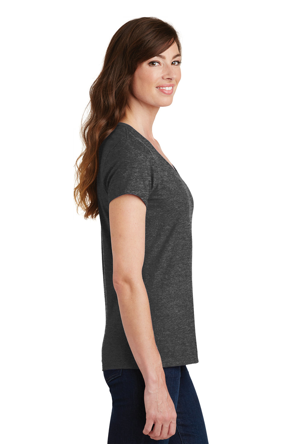 Port & Company LPC450V Womens Fan Favorite Short Sleeve V-Neck T-Shirt Heather Dark Grey Model Side