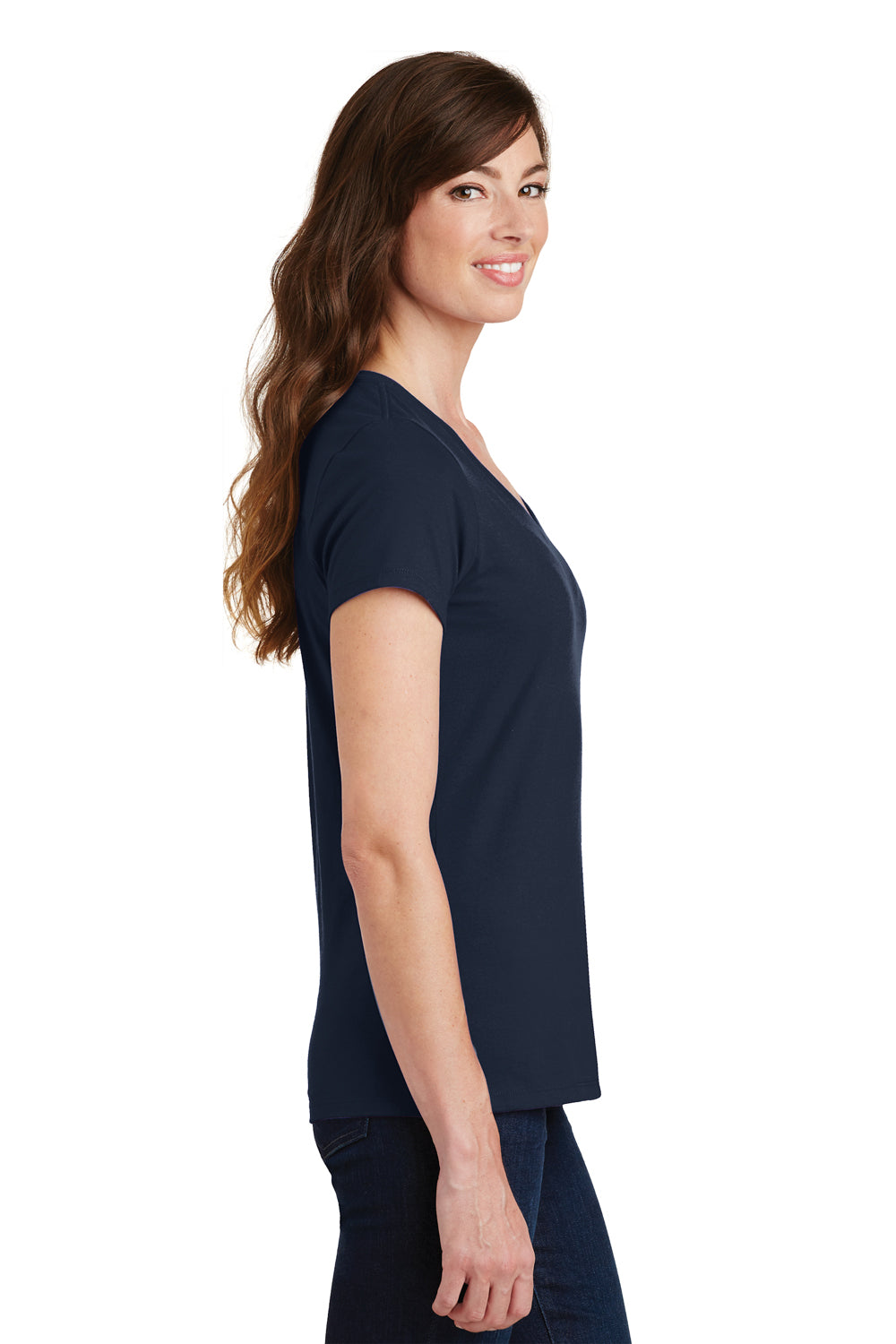 Port & Company LPC450V Womens Fan Favorite Short Sleeve V-Neck T-Shirt Deep Navy Blue Model Side