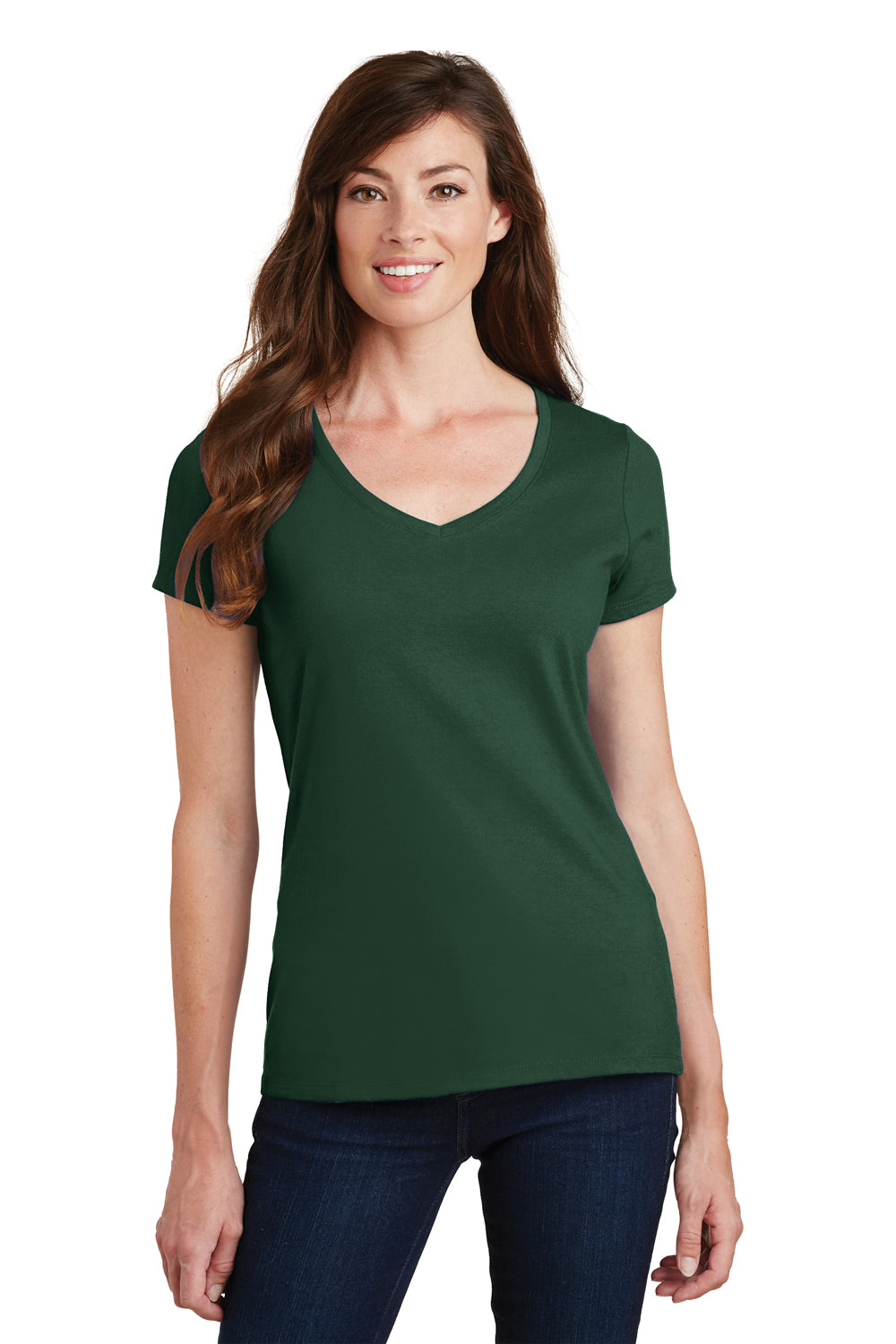 Port & Company LPC450V Womens Fan Favorite Short Sleeve V-Neck T-Shirt Forest Green Model Front