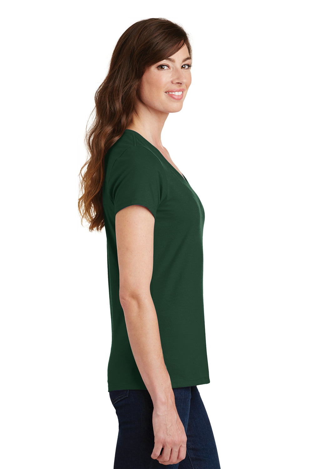 Port & Company LPC450V Womens Fan Favorite Short Sleeve V-Neck T-Shirt Forest Green Model Side