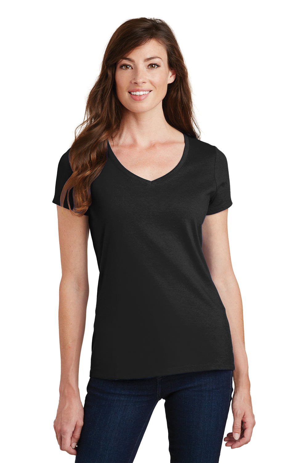 Port & Company LPC450V Womens Fan Favorite Short Sleeve V-Neck T-Shirt Jet Black Model Front