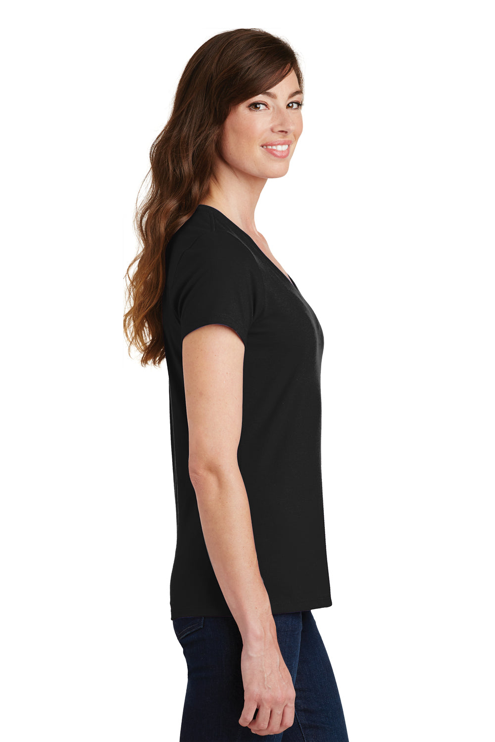 Port & Company LPC450V Womens Fan Favorite Short Sleeve V-Neck T-Shirt Jet Black Model Side