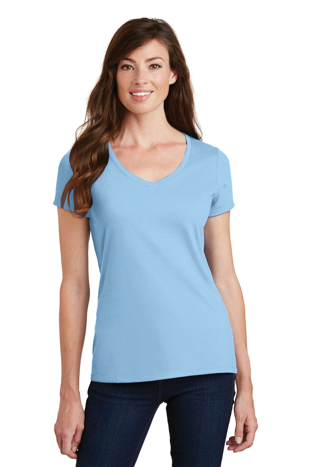 Port & Company LPC450V Womens Fan Favorite Short Sleeve V-Neck T-Shirt Light Blue Model Front