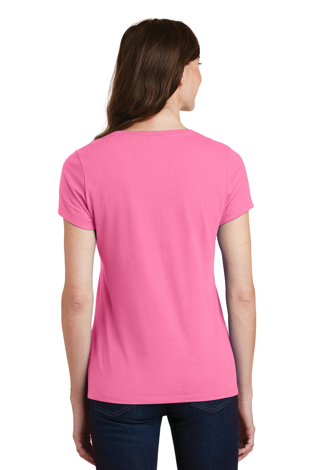 Port & Company LPC450V Womens Fan Favorite Short Sleeve V-Neck T-Shirt New Pink Model Back