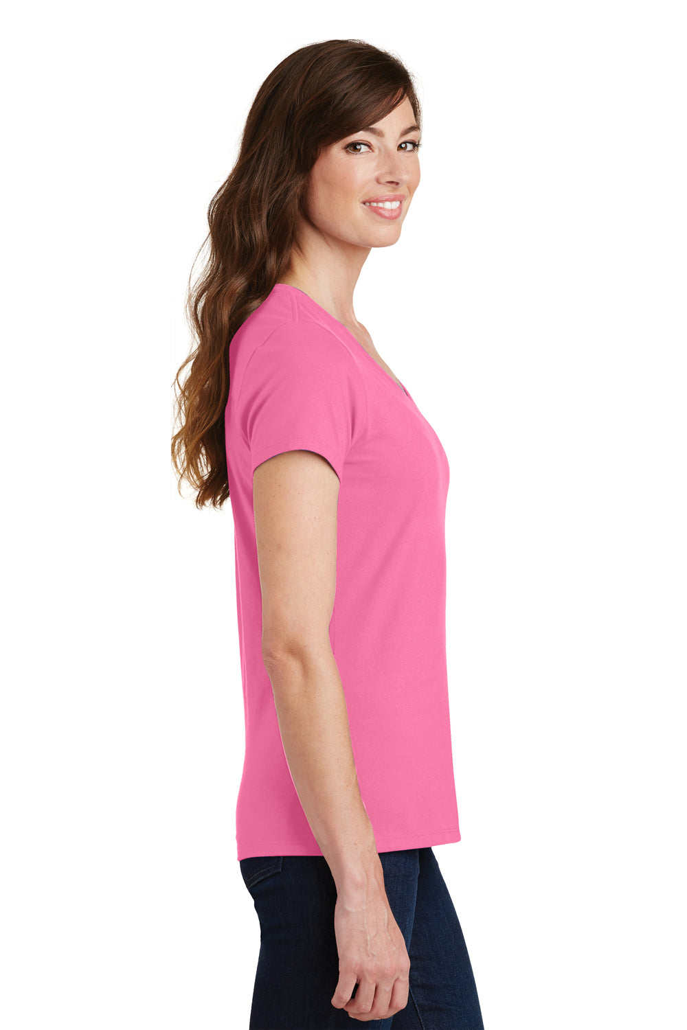 Port & Company LPC450V Womens Fan Favorite Short Sleeve V-Neck T-Shirt New Pink Model Side