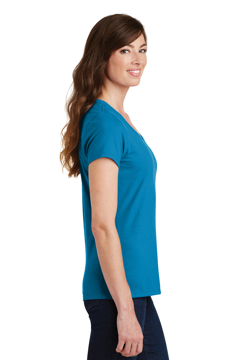 Port & Company LPC450V Womens Fan Favorite Short Sleeve V-Neck T-Shirt Sapphire Blue Model Side