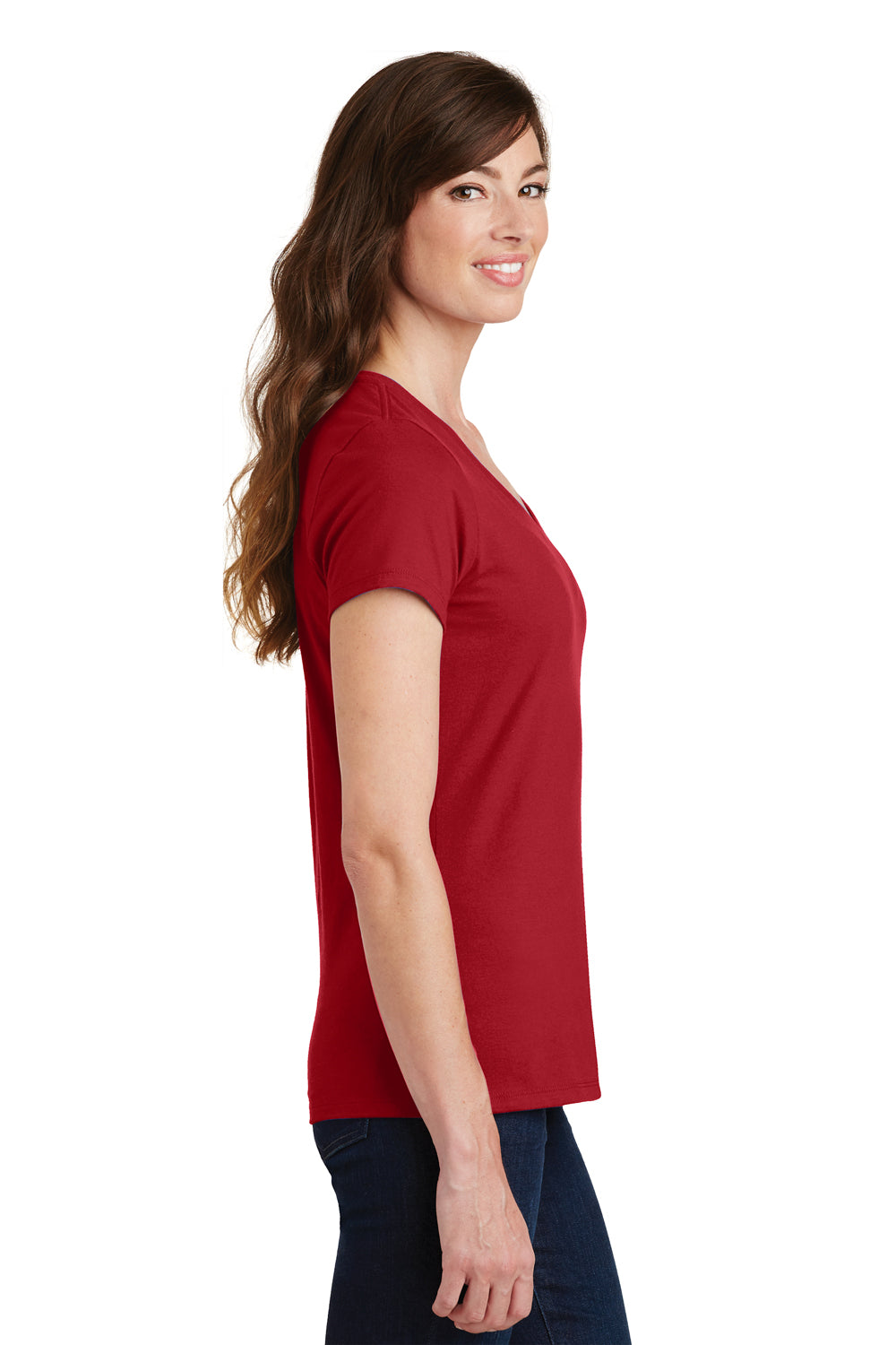 Port & Company LPC450V Womens Fan Favorite Short Sleeve V-Neck T-Shirt Team Cardinal Red Model Side