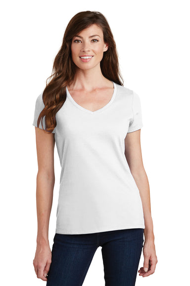 Port & Company LPC450V Womens Fan Favorite Short Sleeve V-Neck T-Shirt White Model Front