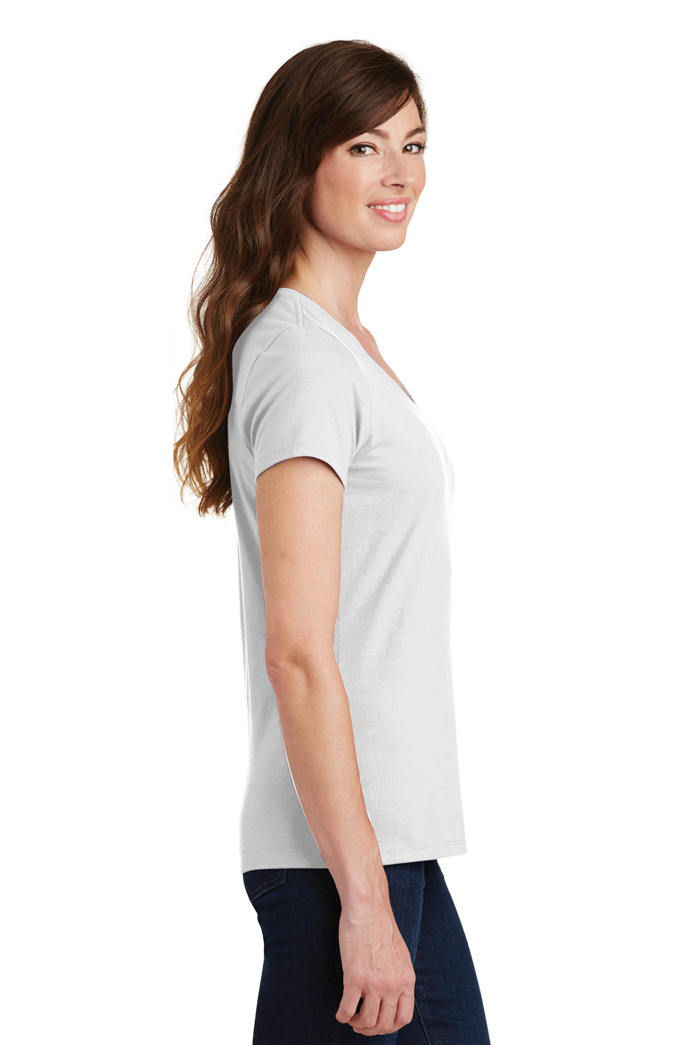 Port & Company LPC450V Womens Fan Favorite Short Sleeve V-Neck T-Shirt White Model Side