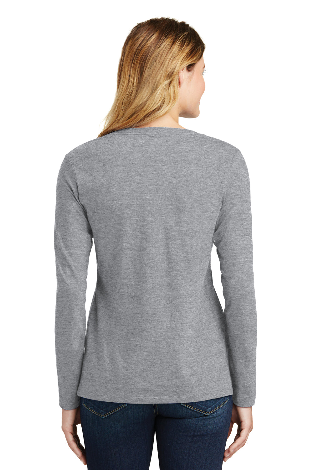 Port & Company LPC450VLS Womens Fan Favorite Long Sleeve V-Neck T-Shirt Heather Grey Model Back