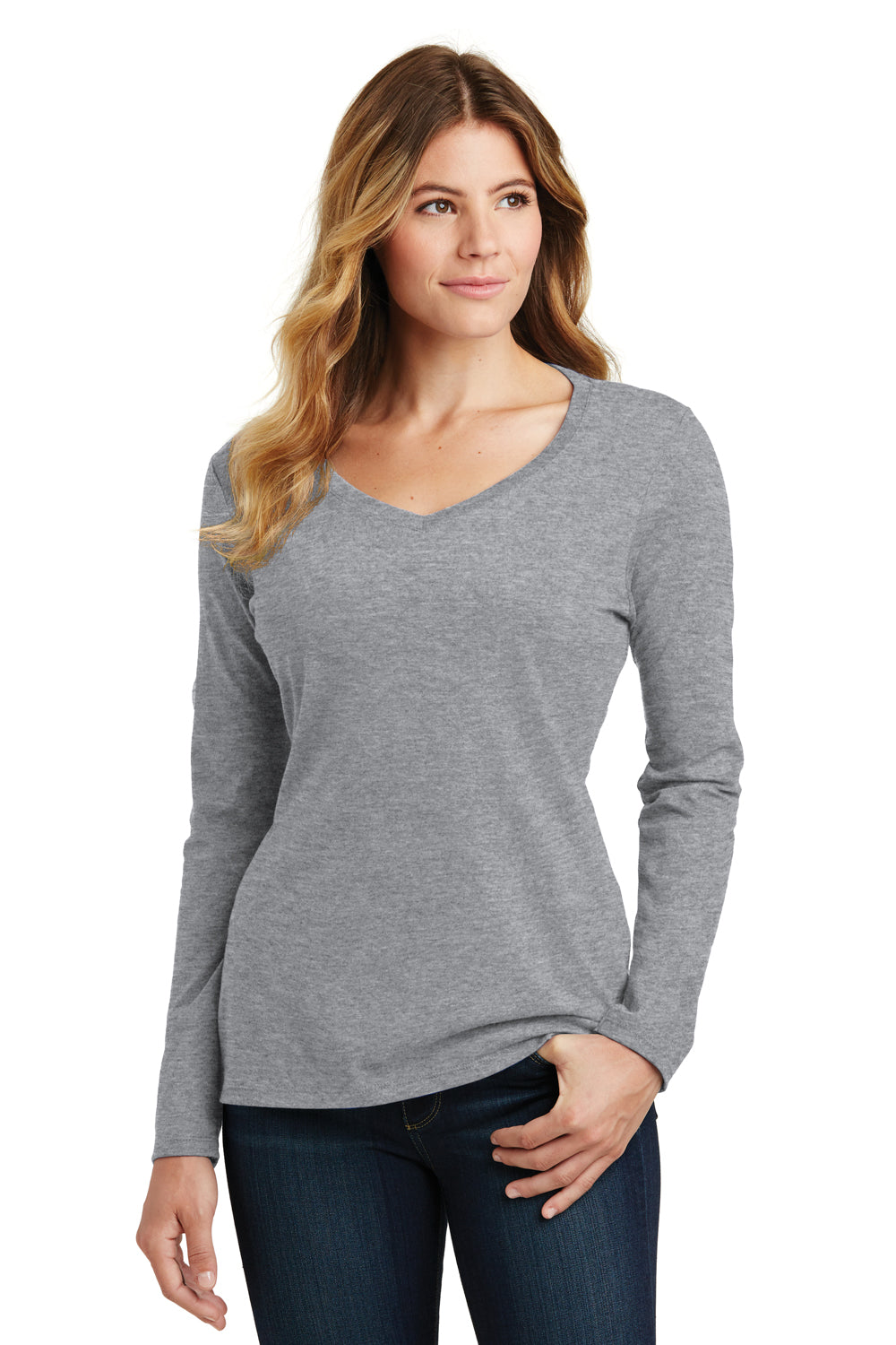 Port & Company LPC450VLS Womens Fan Favorite Long Sleeve V-Neck T-Shirt Heather Grey Model Front