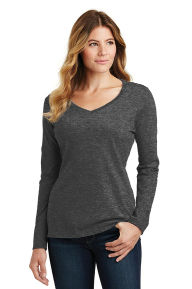 Port & Company LPC450VLS Womens Fan Favorite Long Sleeve V-Neck T-Shirt Heather Dark Grey Model Front