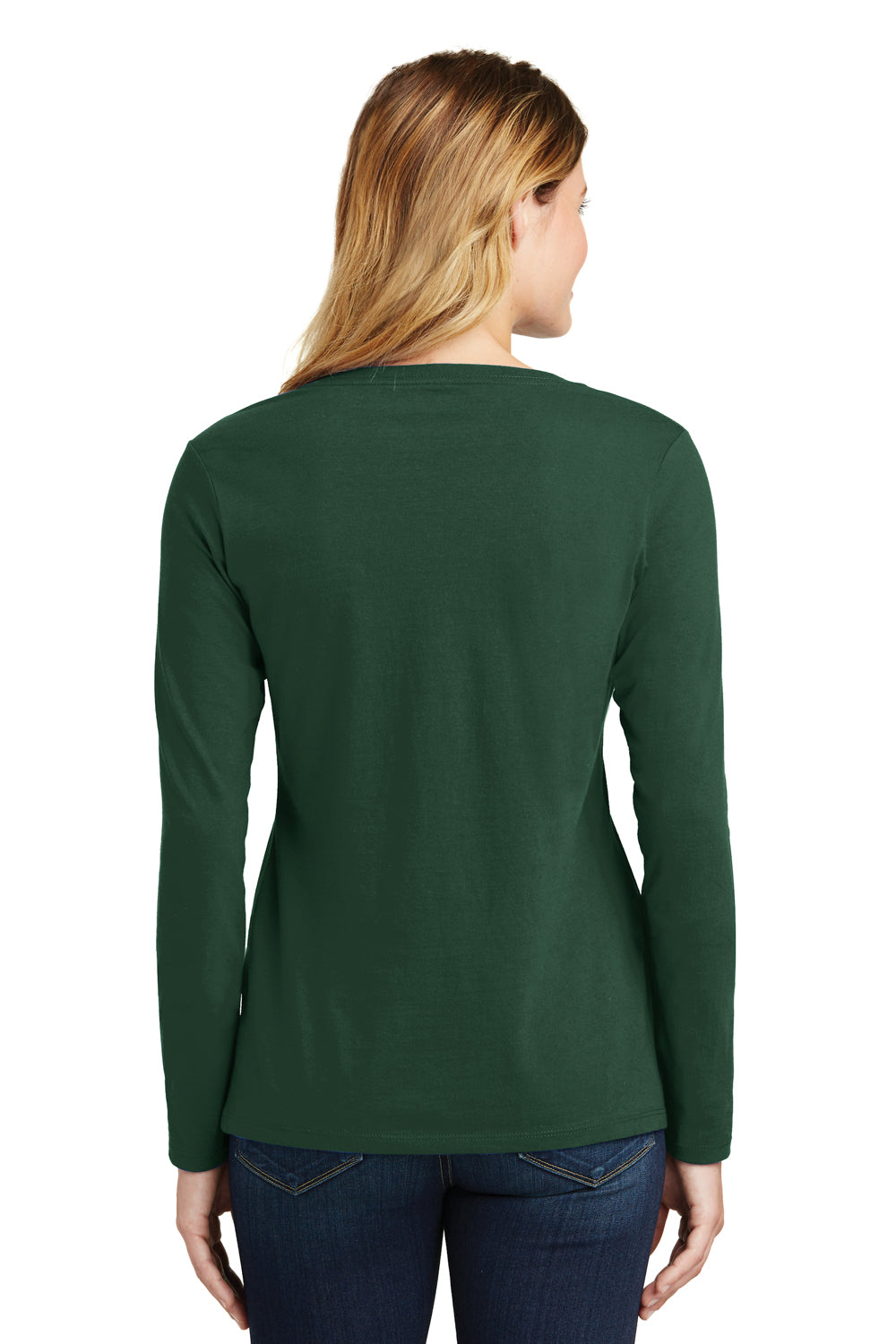 Port & Company LPC450VLS Womens Fan Favorite Long Sleeve V-Neck T-Shirt Forest Green Model Back