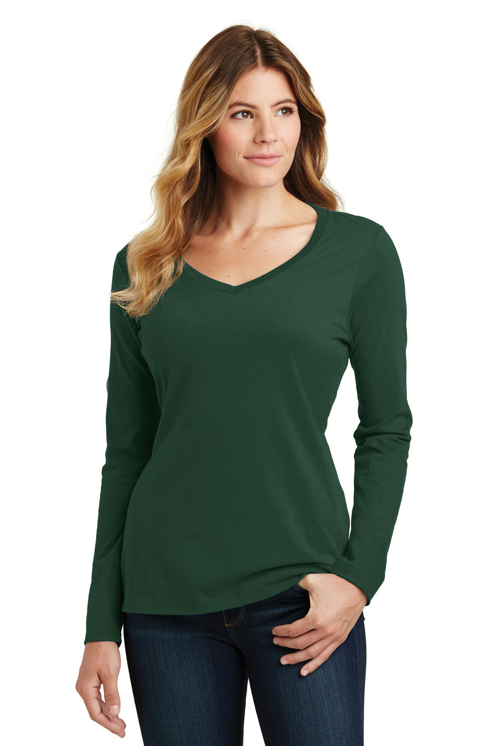 Port & Company LPC450VLS Womens Fan Favorite Long Sleeve V-Neck T-Shirt Forest Green Model Front