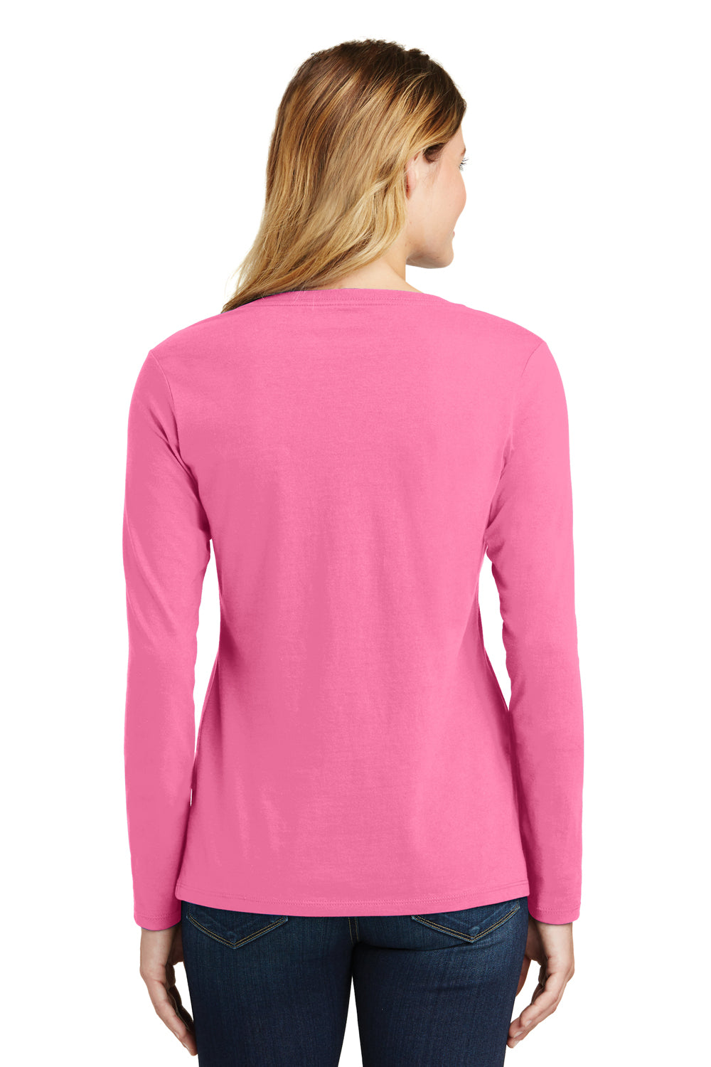 Port & Company LPC450VLS Womens Fan Favorite Long Sleeve V-Neck T-Shirt New Pink Model Back