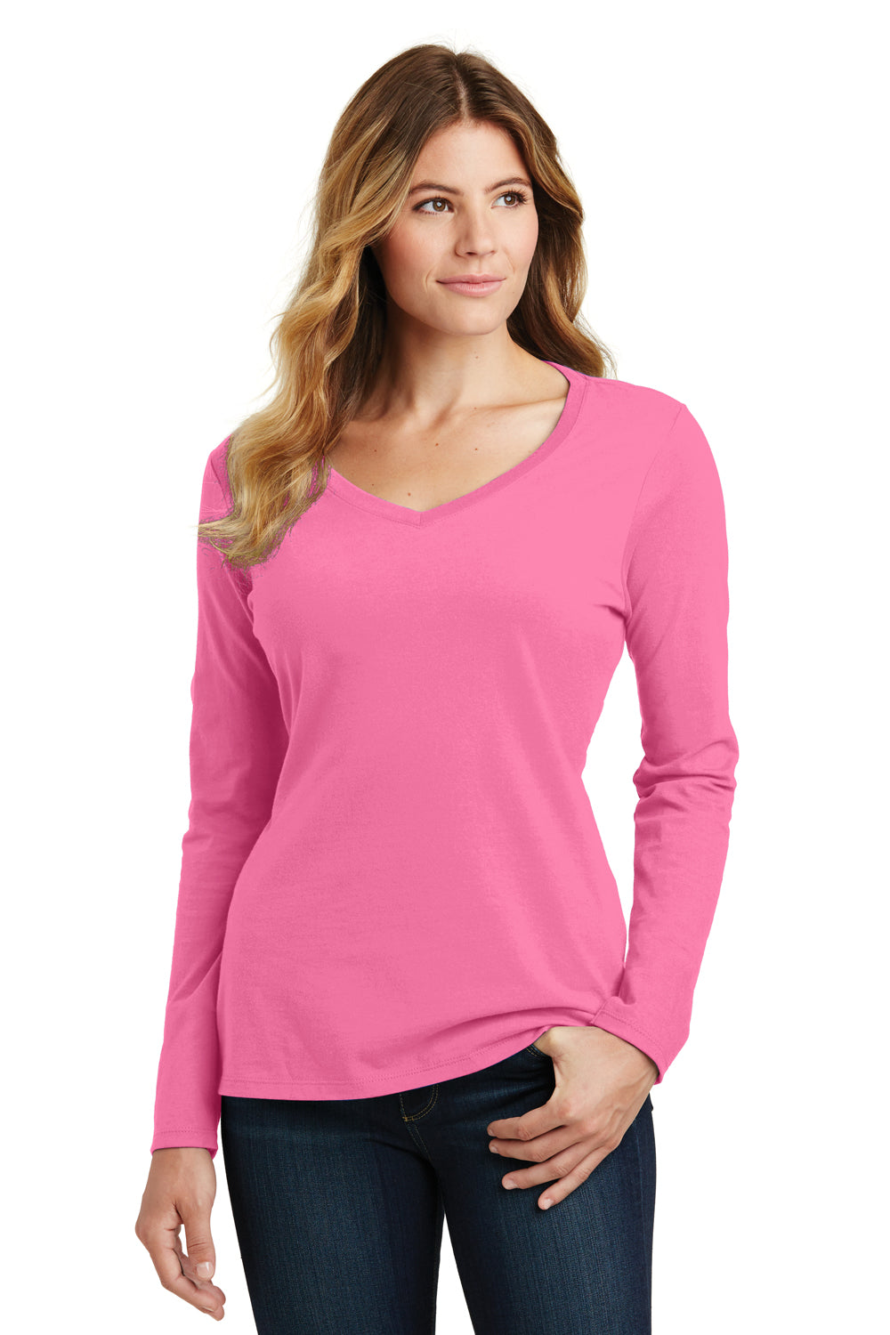 Port & Company LPC450VLS Womens Fan Favorite Long Sleeve V-Neck T-Shirt New Pink Model Front