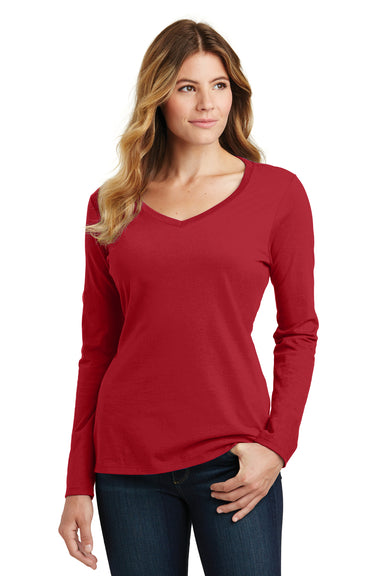 Port & Company LPC450VLS Womens Fan Favorite Long Sleeve V-Neck T-Shirt Team Cardinal Red Model Front