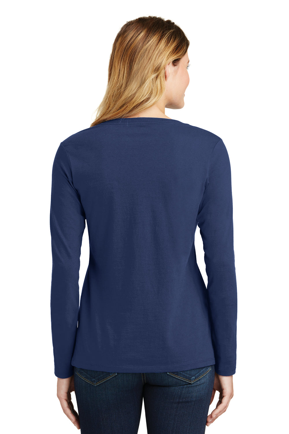 Port & Company LPC450VLS Womens Fan Favorite Long Sleeve V-Neck T-Shirt Team Navy Blue Model Back